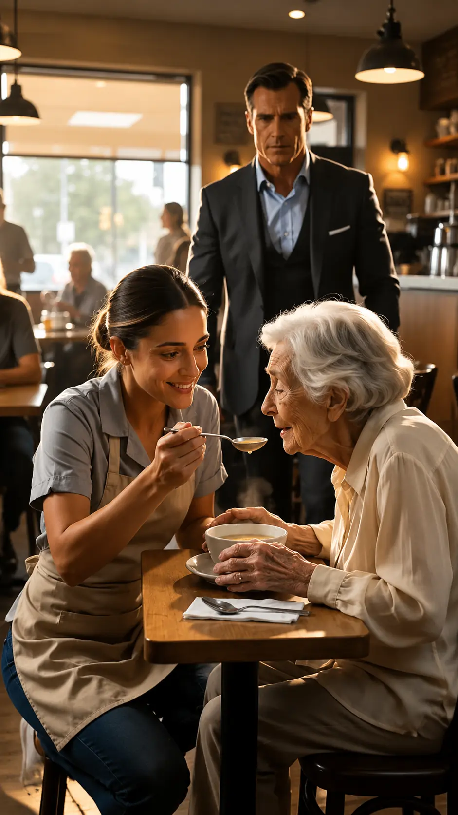 A billionaire watched me feed his mother with my own hands after everyone else ignored her trembling struggle i thought i was simply helping an elderly stranger eat her lunch i had no idea