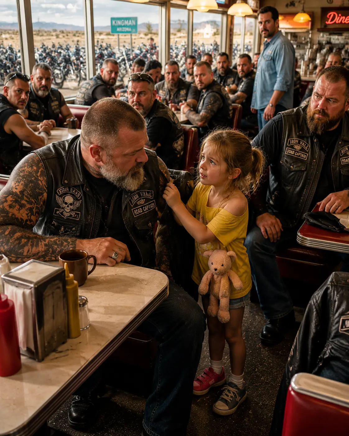 THE LITTLE GIRL GRABBED THE BIKER’S VEST AND WHISPERED “THAT’S NOT MY DAD” — THEN 200 RIDERS STOOD UP