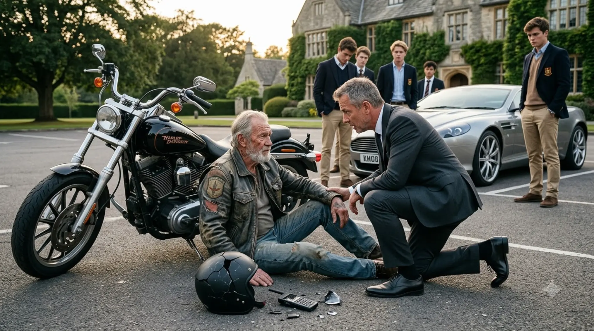 RICH STUDENTS SMASHED AN ELDERLY BIKER’S HELMET AND CRUSHED HIS SATELLITE PHONE AT AN ELITE ACADEMY—BUT THE TATTOO UNDER HIS TORN SHIRT MADE ONE BILLIONAIRE RACE ACROSS THE PARKING LOT AND KNEEL