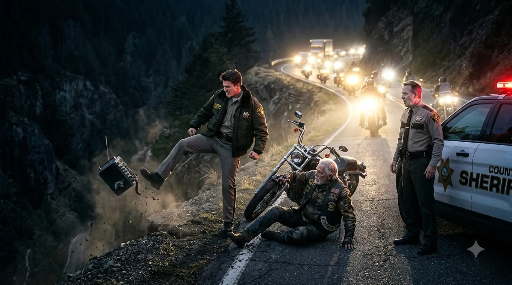A SHERIFF’S SON FORCED AN ELDERLY BIKER OFF A MOUNTAIN ROAD AND KICKED HIS RADIO INTO THE RAVINE—BUT MINUTES LATER, BOTH ENDS OF THE PASS FILLED WITH HEADLIGHTS, AND HIS FATHER’S FACE TURNED WHITE