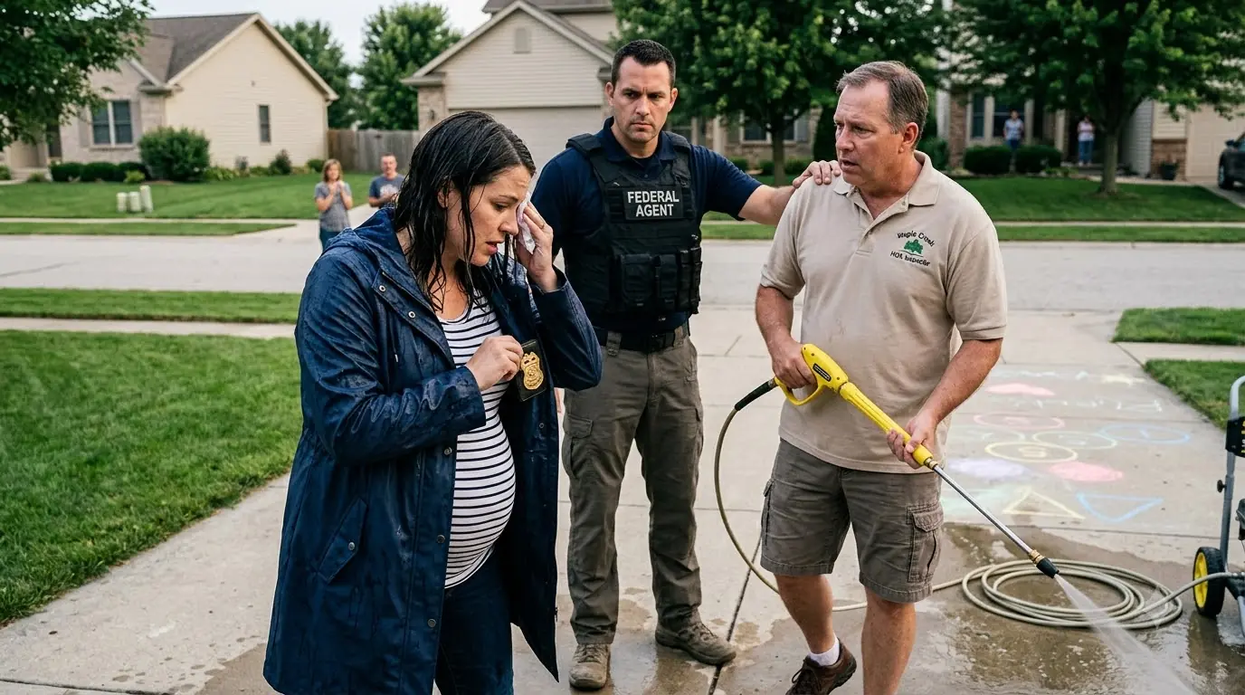 AN HOA INSPECTOR BLASTED A PREGNANT WOMAN WITH A POWER WASHER OVER CHALK ON A DRIVEWAY—BUT WHEN MAYA PULLED A BRASS ID FROM HER SOAKED COAT, THE FEDERAL AGENT BEHIND HER CHANGED EVERYTHING