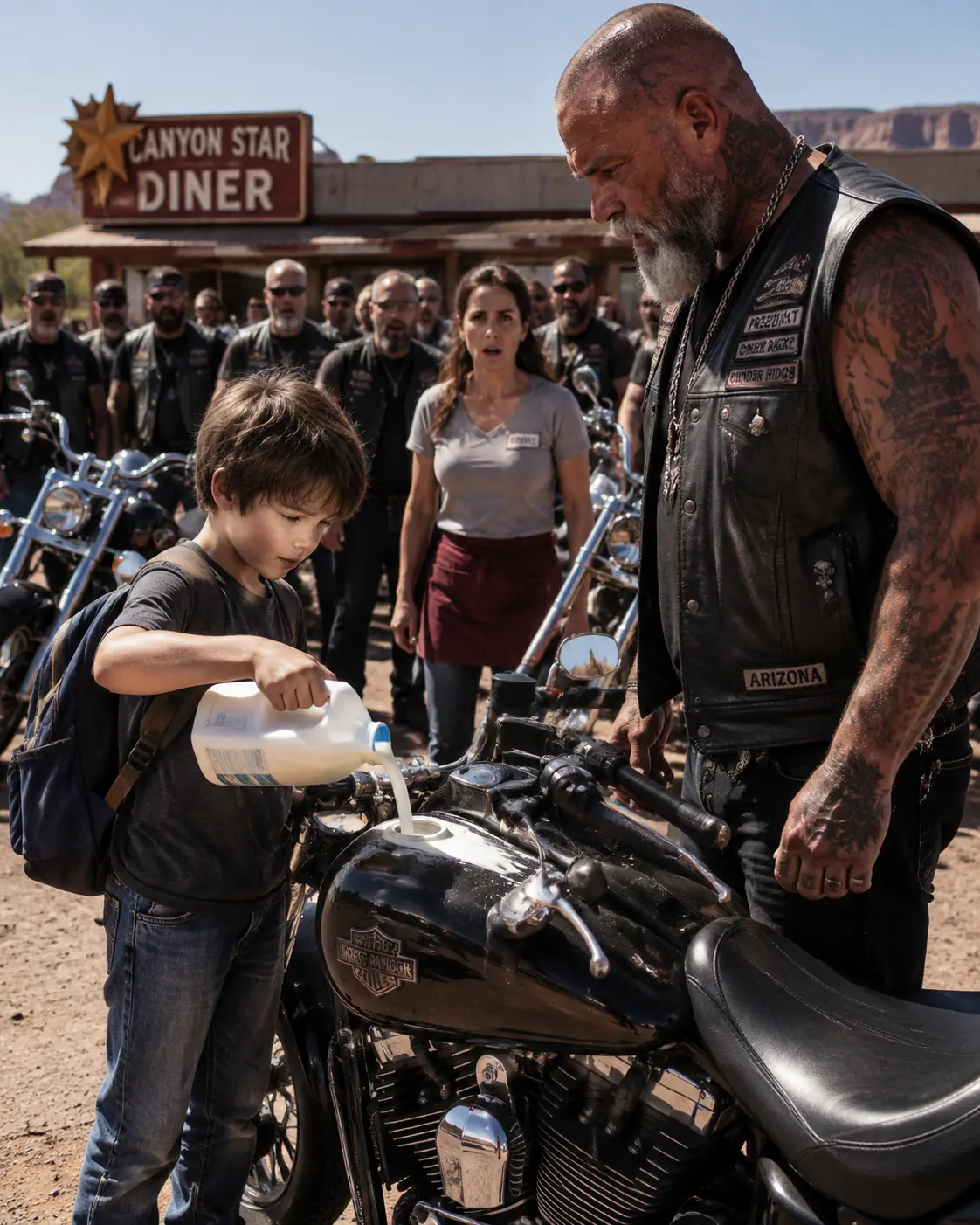 THE LITTLE BOY POURED MILK INTO A BIKER’S HARLEY — EVERYONE EXPECTED RAGE, BUT THE BIKER ASKED ONE QUESTION THAT CHANGED EVERYTHING