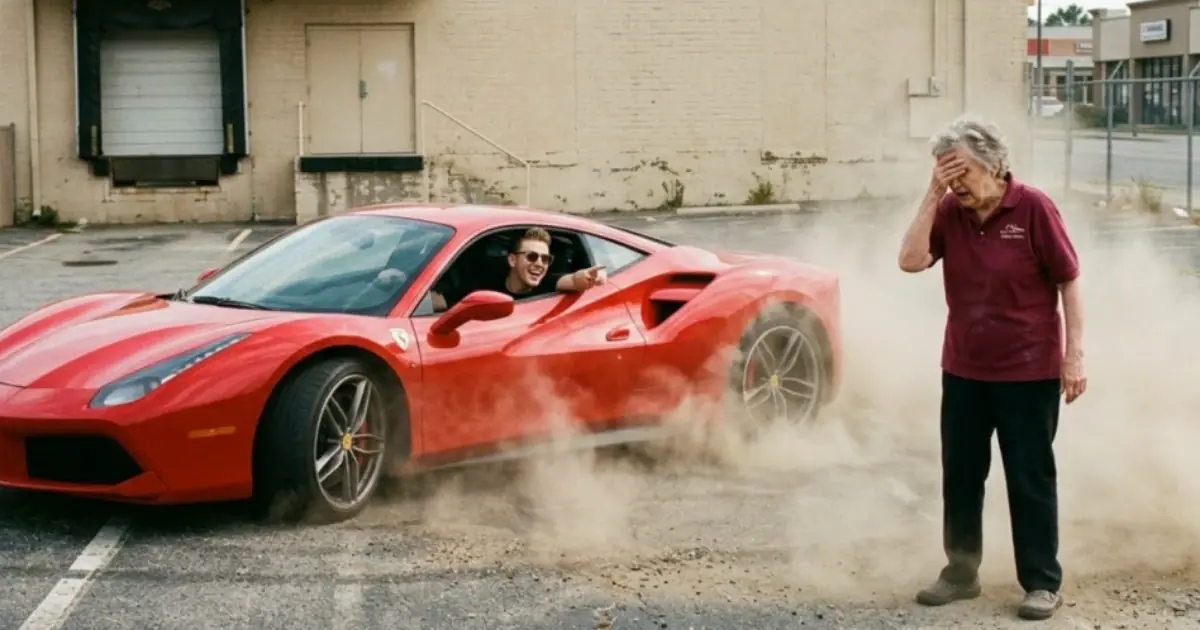 "A REAL-ESTATE HEIR DRIFTED HIS FERRARI AROUND AN ELDERLY CAFETERIA WORKER AND MOCKED HER IN THE DUST—BUT ONE CALL FROM HER PHONE REVEALED WHO ACTUALLY OWNED THE LAND BENEATH HIS FAMILY’S EMPIRE  The dust from the Ferrari’s tires was still settling 