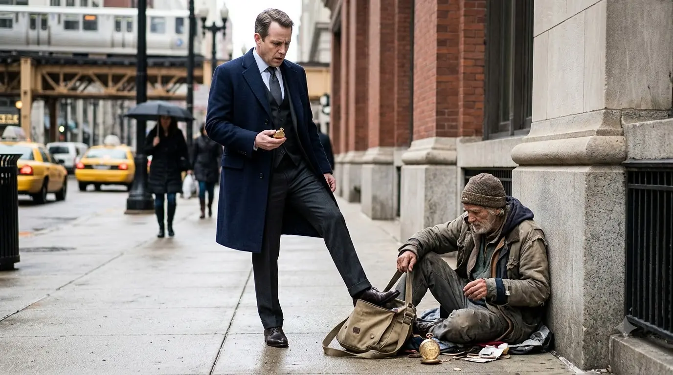 A Chicago CEO Kicked an Elderly Homeless Man for Staining His Bespoke Coat—But the Gold Pocket Watch That Fell From the Old Man’s Bag Made Charles Pull Out His Own and Go Pale