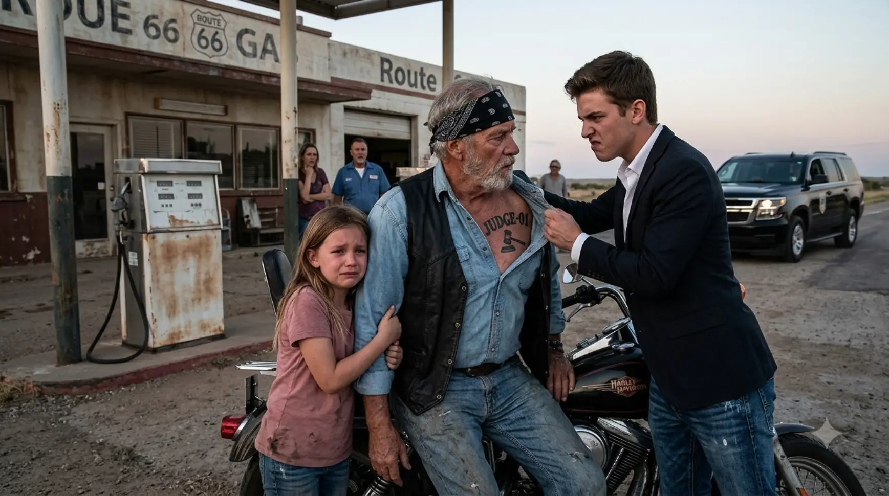 A Terrified Girl Ran to an Elderly Biker at a Route 66 Gas Station Crying, “He’s Not My Father!”—But When the Rich Kid Tore Open Leo’s Shirt, the “JUDGE-01” Tattoo Made Someone Powerful Race Toward Them