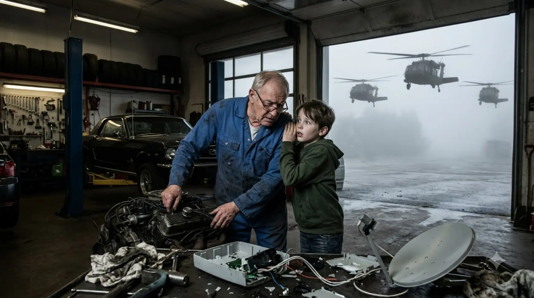 A Frightened Boy Ran to an Elderly Mechanic Whispering, “He’s Not My Father!”—But After the Gang Smashed Frank’s Satellite Device, Three Black Helicopters Appeared Through the Fog