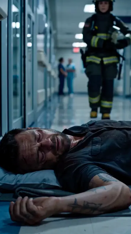 Biker Slept Outside His Son’s ICU Room for Six Nights—Until the Firefighter Who Saved the Boy Stopped, Recognized the Man on the Floor, and Revealed Why This Quiet Father’s Past Made Their Hospital Reunion Far More Than a Simple Thank-You.