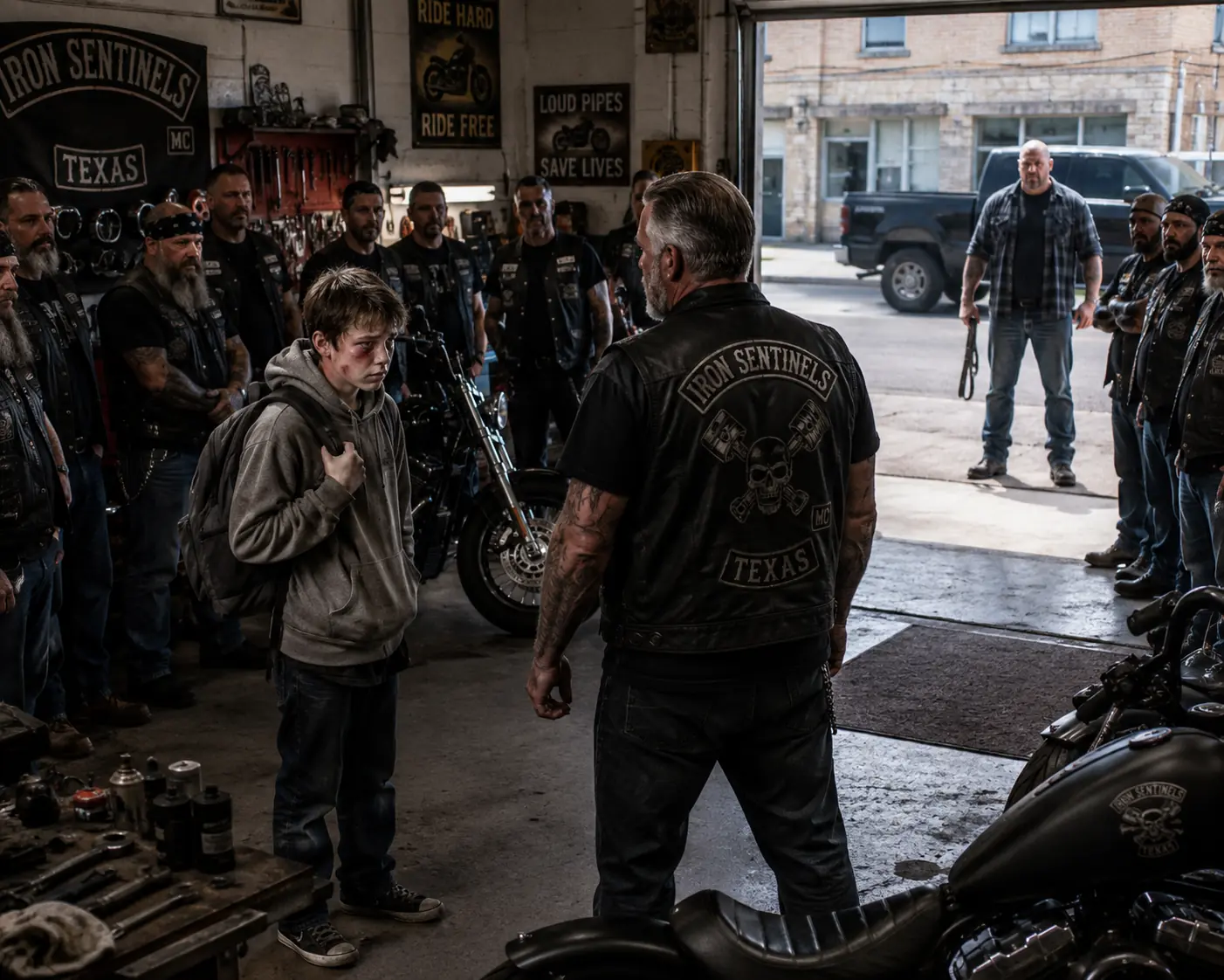 A Bruised Thirteen-Year-Old Walked Into a Biker Garage and Whispered, “I'll Work for Free.”—The Entire Shop Fell Silent When They Realized He Wasn't Looking for a Job... He Was Looking for Someone Who Could Stop His Foster Father.
