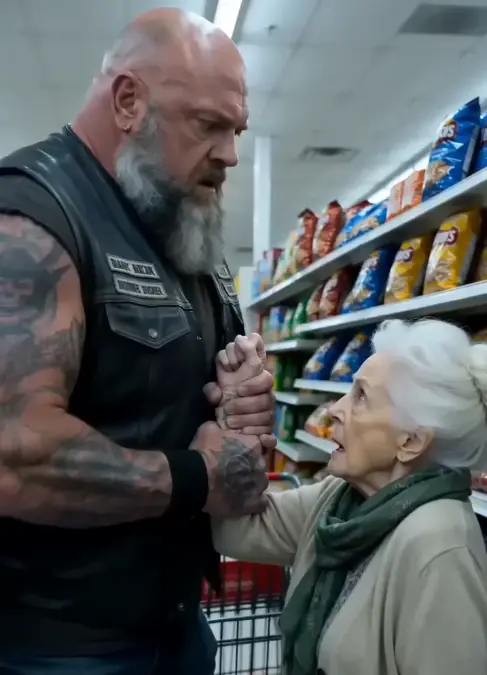 An Elderly Woman Unzipped a Feared Biker’s Leather Jacket in a Crowded Supermarket—Then a Forty-Year-Old Rescue Returned to Save Him
