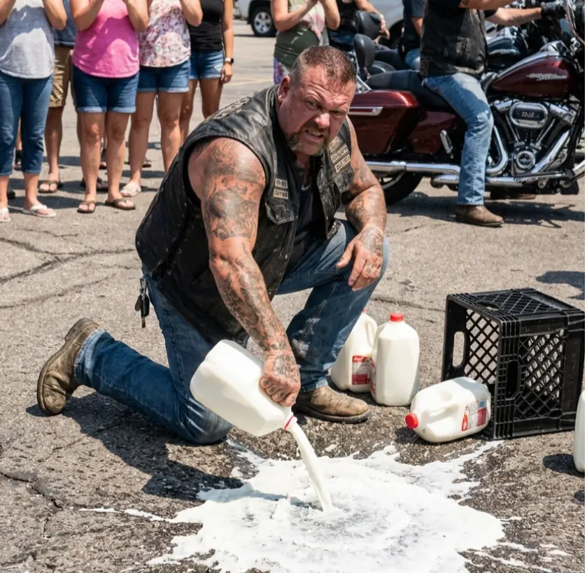 “Smell The Cap, Director!” — A 285-Pound Biker Poured 48 Gallons Of Milk Onto The Asphalt In Front Of 73 Starving Kids… Until He Showed The Paramedic A Faded Photo Of His Dead Daughter