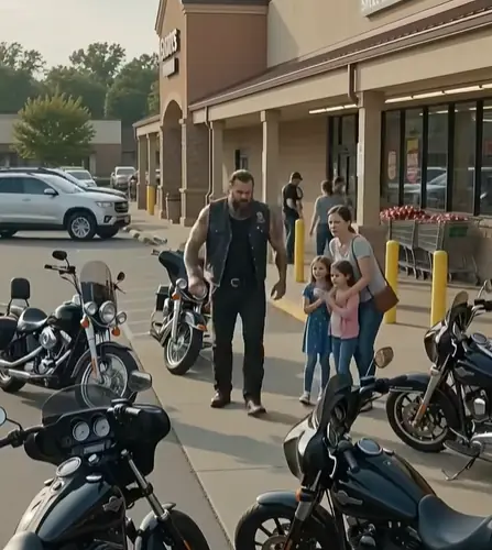 THE HEAVILY TATTOOED BIKER WALKED STRAIGHT TOWARD A MOTHER AND HER TWO HUNGRY SIX-YEAR-OLD DAUGHTERS SITTING UNDER A SUPERMARKET AWNING—SHE STARTED CRYING AND BEGGING BEFORE HE EVEN SPOKE, BUT THE QUESTION HE ASKED CHANGED THEIR ENTIRE WEEK