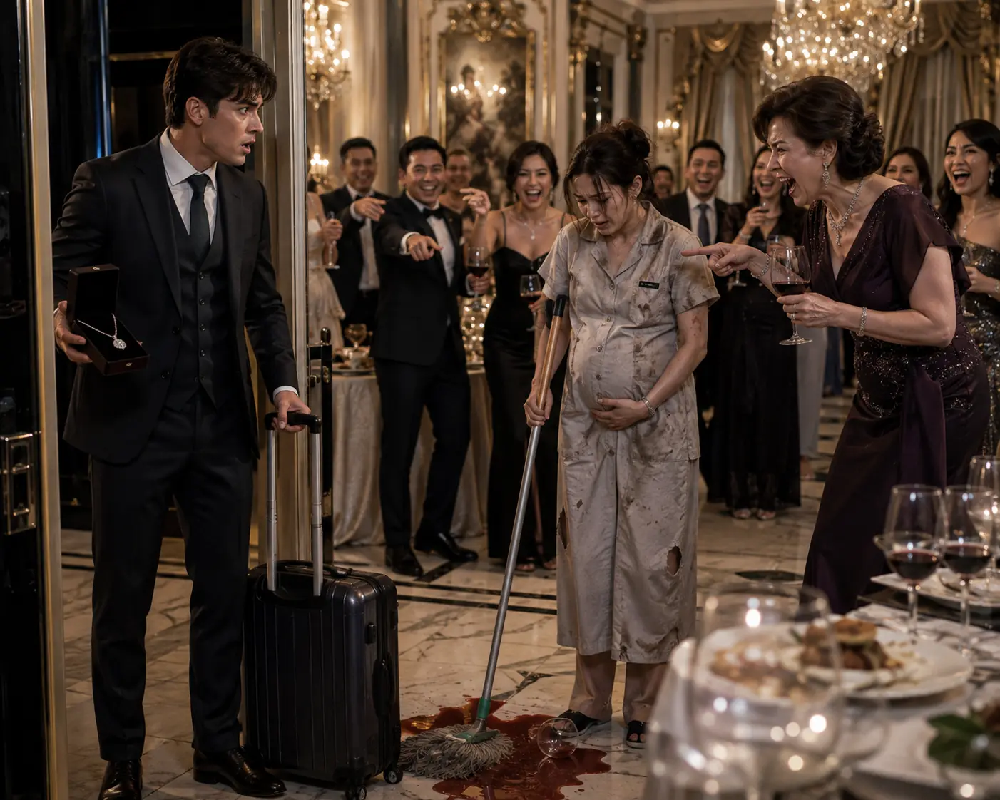 I came home from a business trip early, carrying a diamond necklace for my pregnant wife. I found my family hosting a luxury party in my mansion when she was in the kitchen, forced into a torn maid’s uniform.