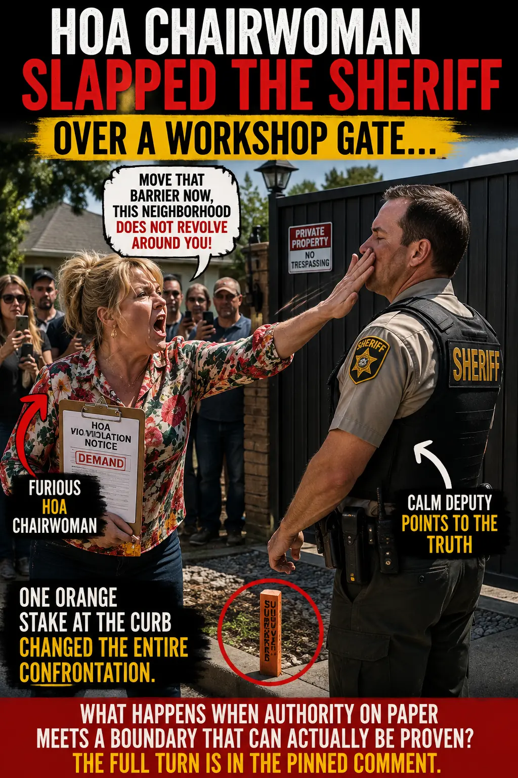 The HOA Chairwoman Slapped the Sheriff Over a Workshop Gate — Then One Orange Stake Exposed Everything