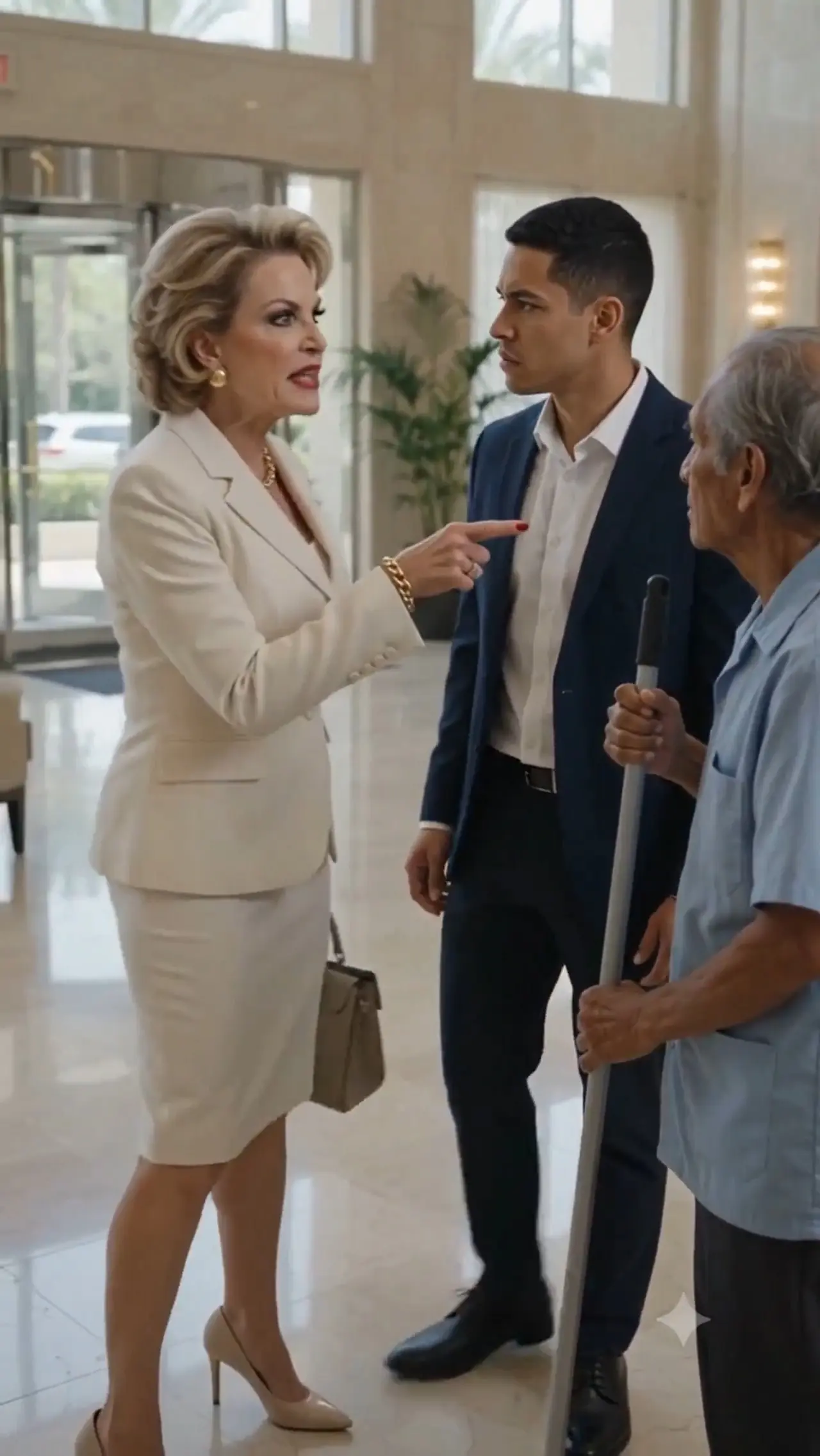 The Wealthy Woman Thought The Old Cleaner Was The Least Important Man In The Lobby — She Didn’t Notice How Calm He Was Until He Reached For His Phone