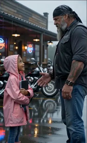 Rain fell steadily outside the Biker American Bar, turning the narrow roadside into a shining ribbon of black asphalt. Water streamed from the gutters and gathered in silver puddles beneath a faded neon sign that flickered against the gray afternoon.