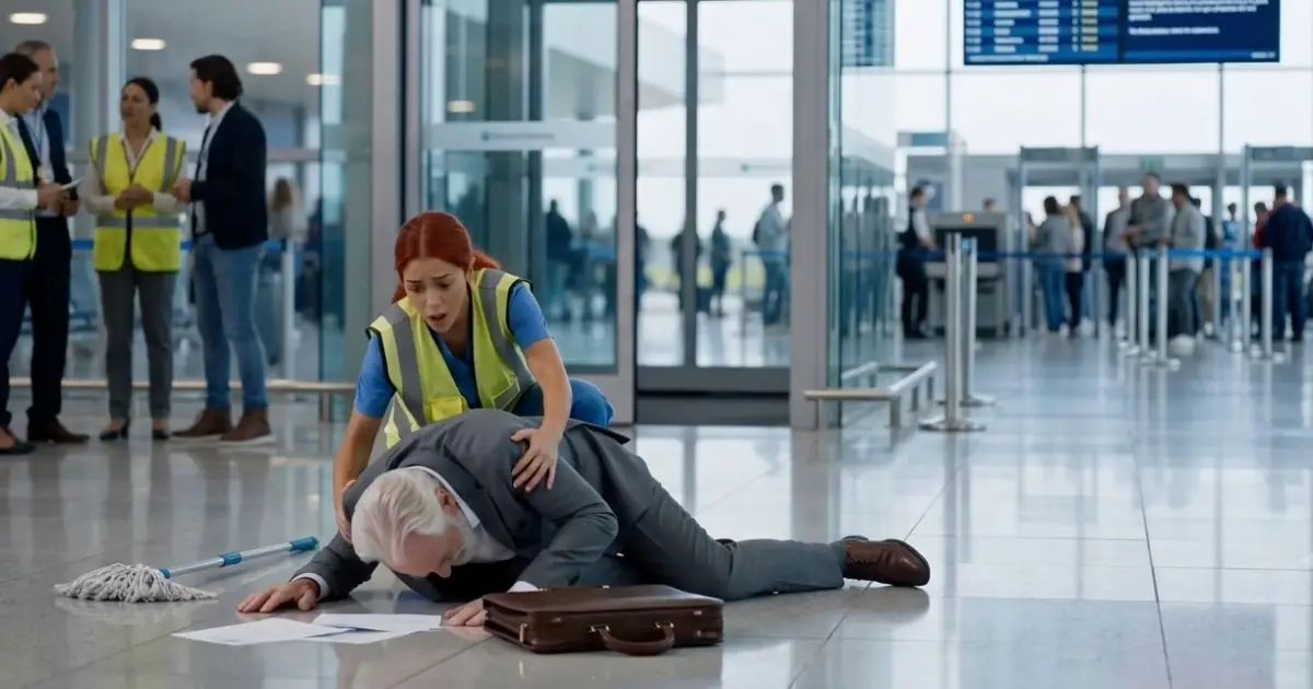 An eighteen-year-old airport janitor was suspended for refusing to walk away from a dying passenger.