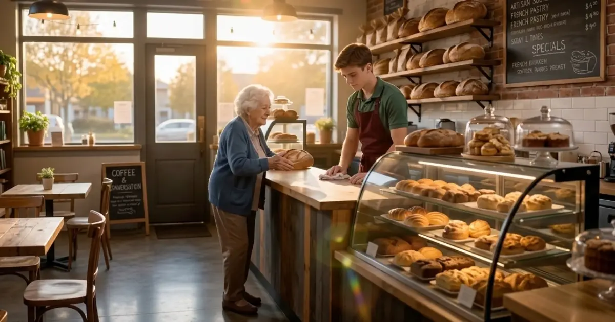 An elderly woman stood at the bakery counter with an old wallet and not enough money for one loaf of bread.