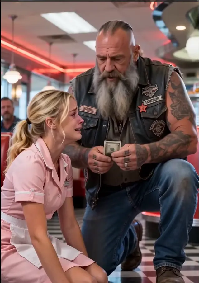 THE GIANT BIKER EVERYONE FEARED KNEELED BESIDE A CRYING WAITRESS AND WRAPPED HIS FADED BANDANA AROUND HER BLEEDING KNEE — BUT WHEN HE TOLD HER WHO HAD WORN IT 20 YEARS AGO