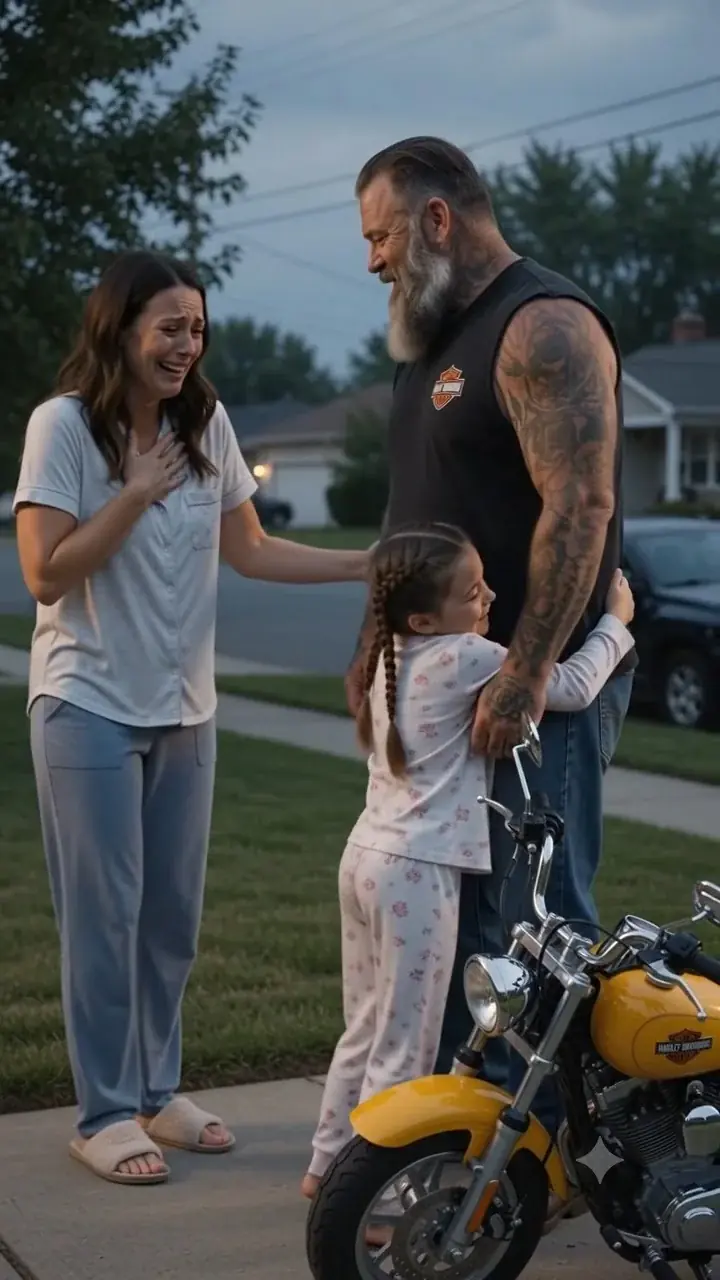 Outside a quiet suburban home at dusk, warm porch lights glowed as a towering gray-bearded biker stood beside his pickup truck.