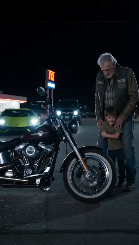 A TERRIFIED BOY RAN TO AN ELDERLY BIKER OUTSIDE A HIGHWAY DINER CRYING, “HE KIDNAPPED ME!”—BUT AFTER ARTHUR’S FLIP PHONE WAS CRUSHED, 50 HARLEY HEADLIGHTS SUDDENLY FILLED THE PARKING LOT