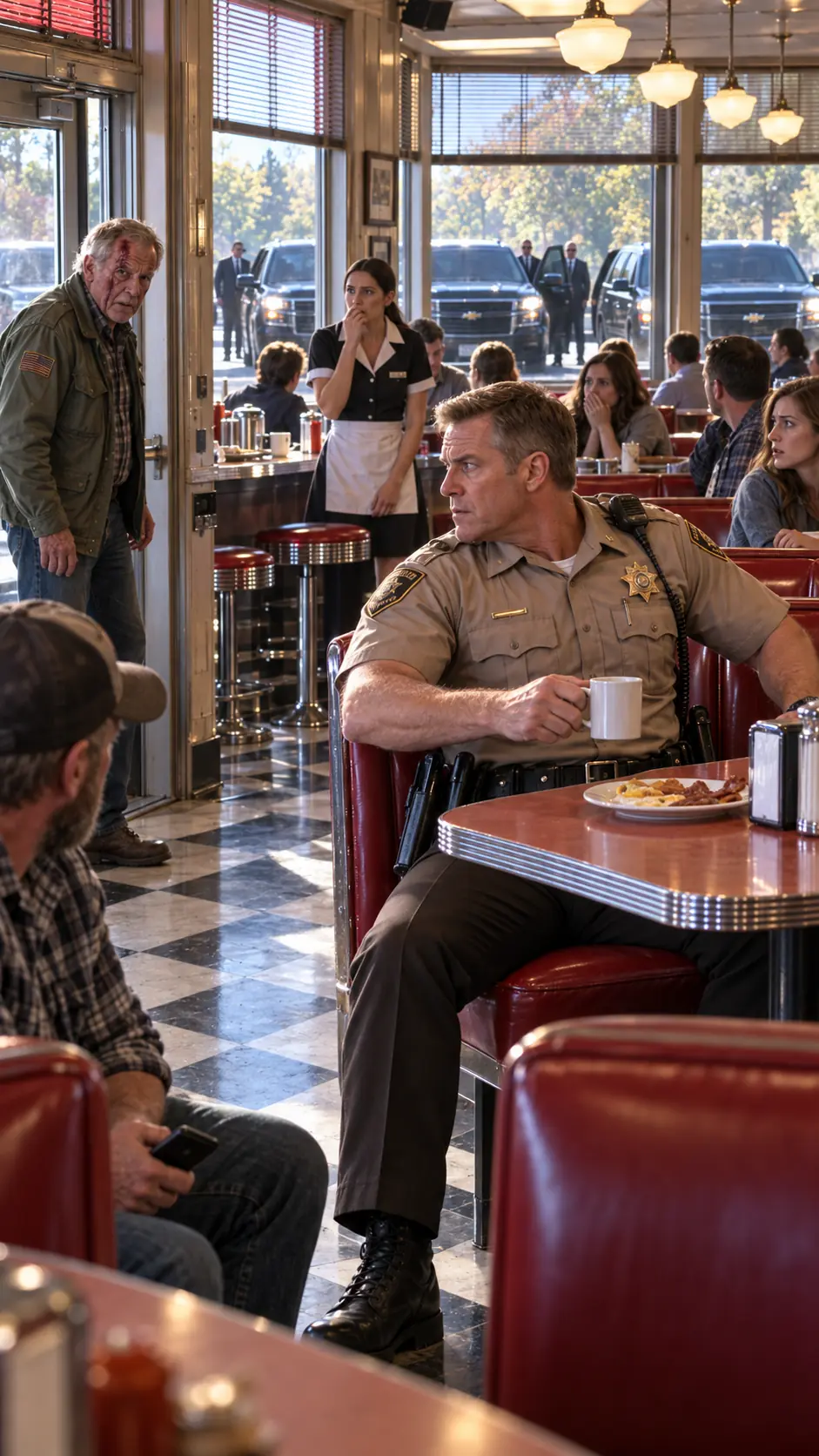 Sheriff Wade Hollister Spent Ten Years Teaching Oak Hollow to Fear Him. Then Three Black SUVs Rolled Toward Ruby Lane Diner—and for the First Time That Morning, He Stopped Laughing.