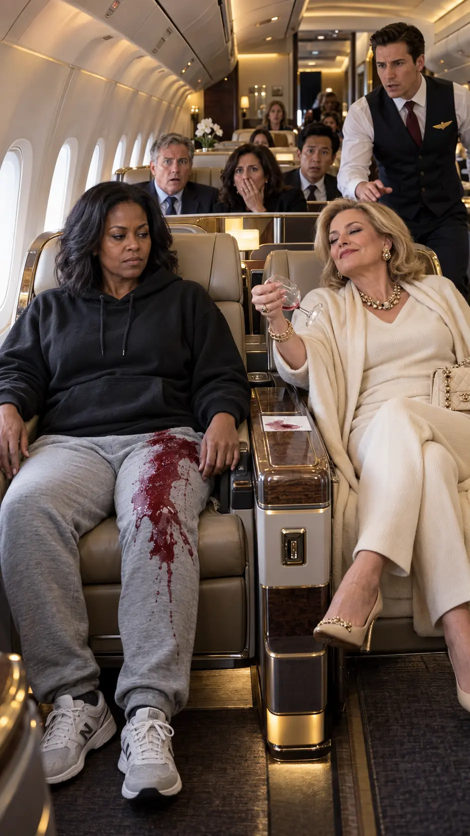 She Thought the Woman in Sweatpants Had No Place in First Class and Deliberately Poured Red Wine Across Her Lap. Then Maya Spoke One Name, the Captain Left the Cockpit, and Beatrice Finally Realized Whose Aircraft She Was Sitting On.