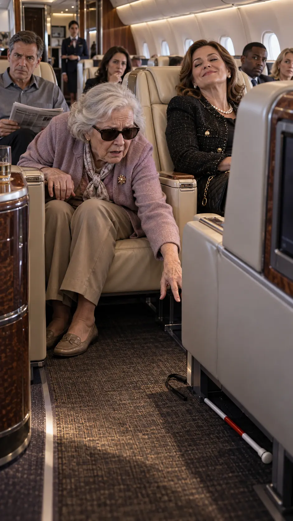 She Took a Blind Elderly Woman’s Cane in First Class and Laughed While Everyone Around Her Fell Silent. Then the Quiet Man Across the Aisle Reached Inside His Gray Jacket, and Eleanor’s Smile Began to Disappear.