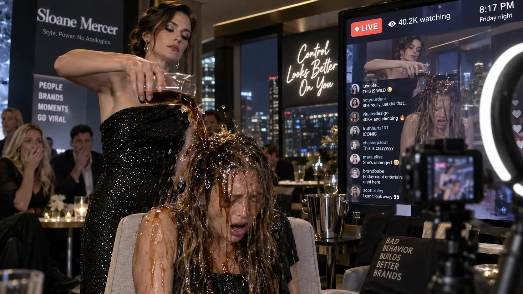 At exactly 8:17 on a Friday night, a woman named Sloane Mercer lifted her glass and poured an entire Coke over my head while more than forty thousand people watched online.