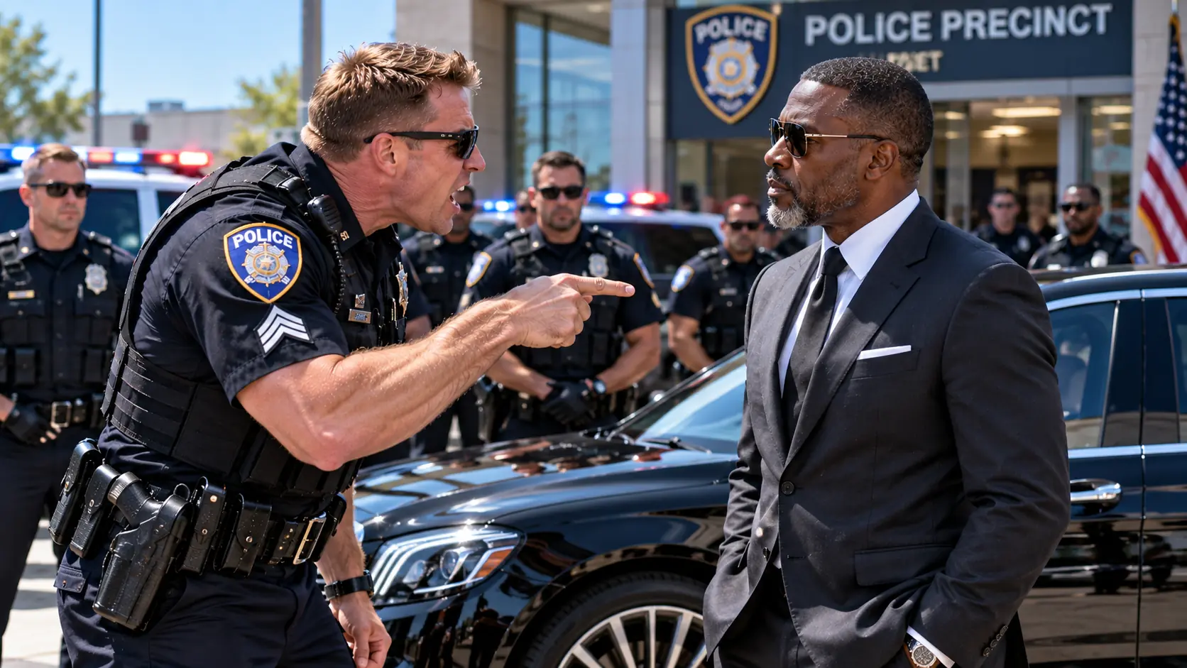The Officer Thought the Calm Man Beside the Luxury Sedan Was Someone He Could Push Around. Twenty Minutes Later, One Phone Call at the Precinct Made Every Officer in the Room Go Silent.