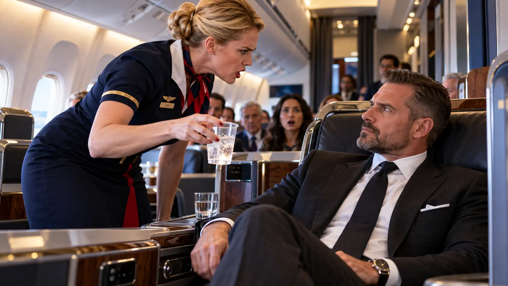 By the time the chief flight attendant bent over my first‑class seat with that plastic cup, I already knew she had mistaken my quiet for weakness.