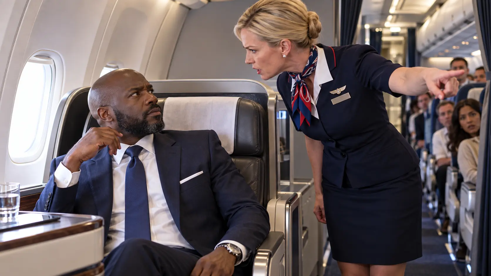 While I was sitting in seat 1A on my own airline, a flight attendant pointed toward the economy cabin and said, "You need to leave first class.