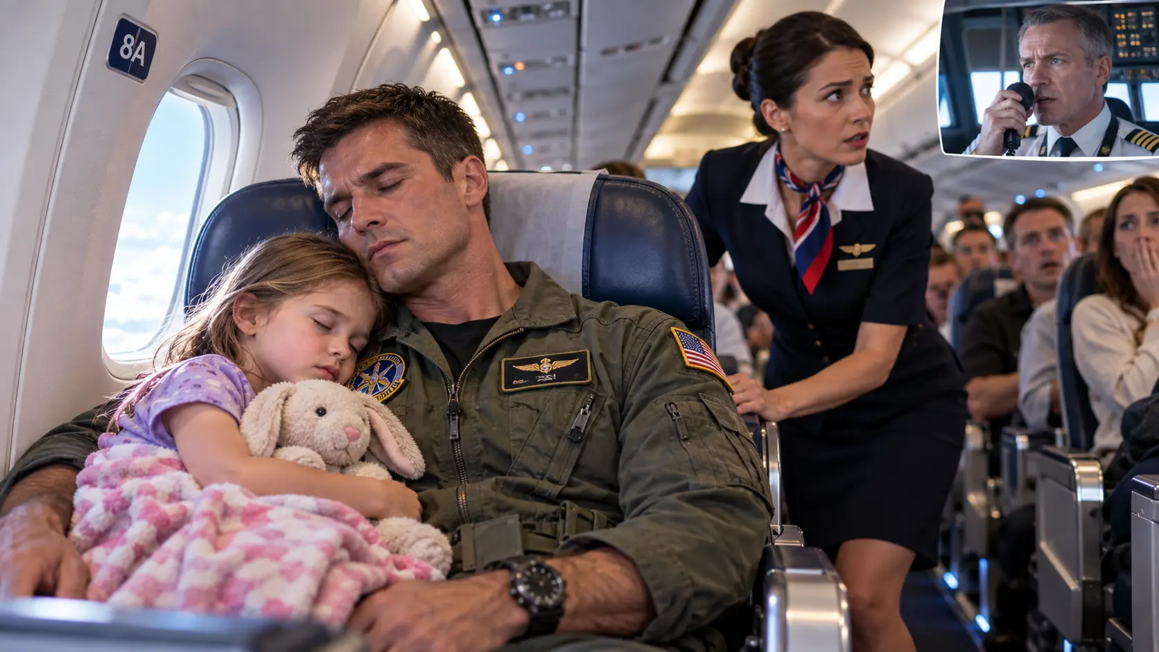 I was asleep in seat 8A with a little girl curled against my shoulder when the captain’s voice suddenly came through the speakers: “If there is a fighter pilot on board, please identify yourself to the flight crew immediately.