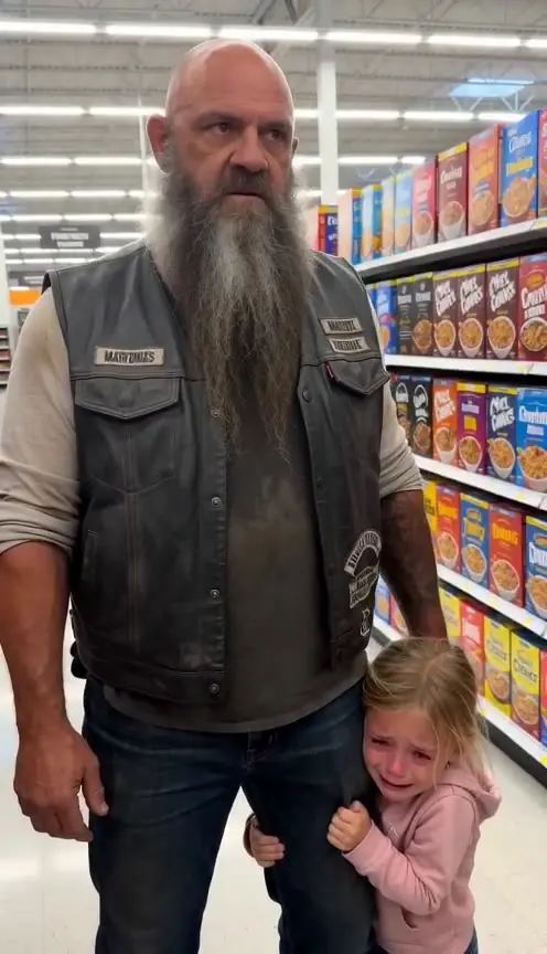 A Tough Biker Protects a Crying Little Girl from a Furious Stranger in a Supermarket