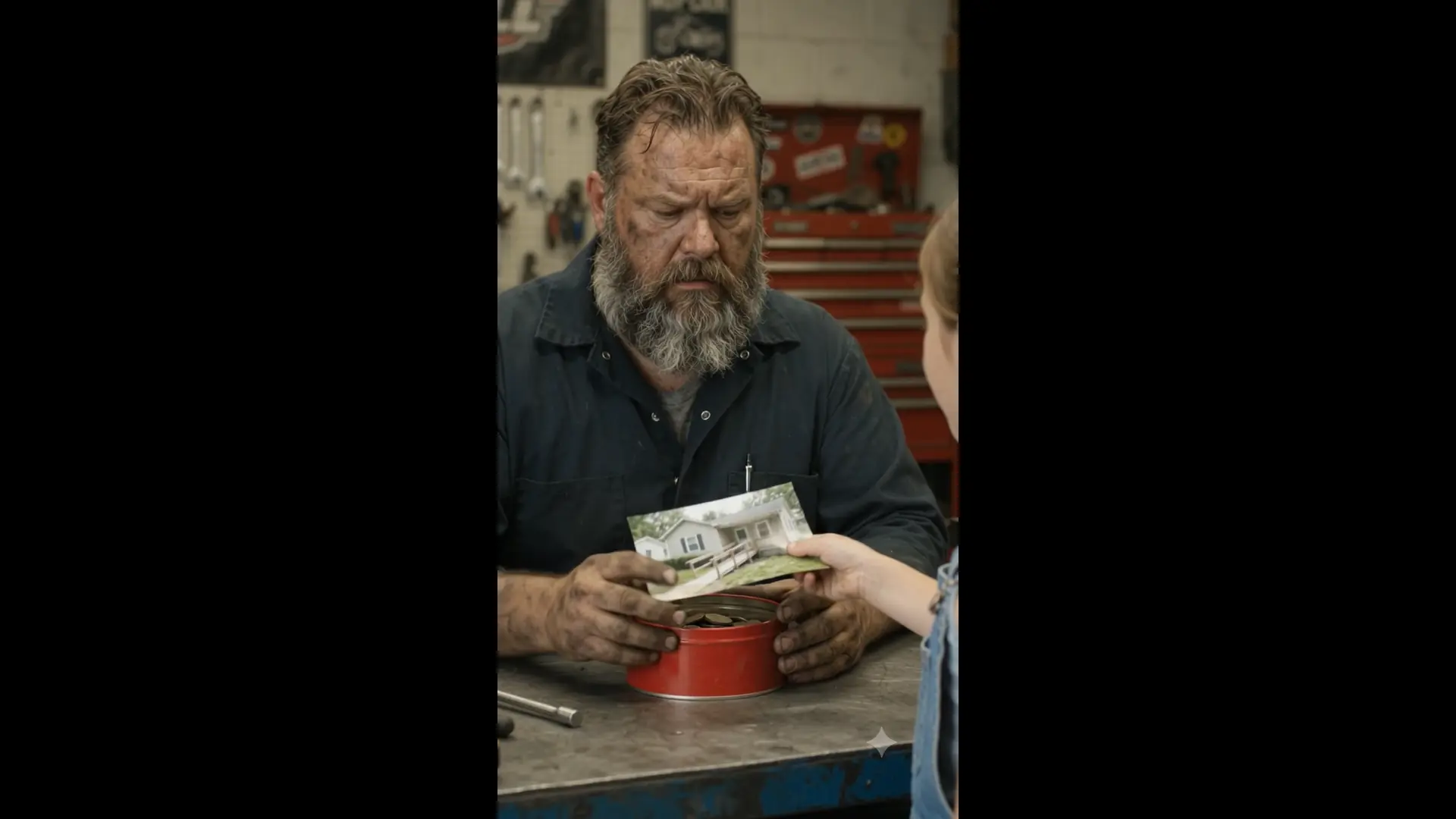 A LITTLE GIRL WALKED INTO A BIKER GARAGE WITH A RED TIN — WHAT THE GRIZZLED MECHANIC FOUND INSIDE CHANGED EVERYTHING